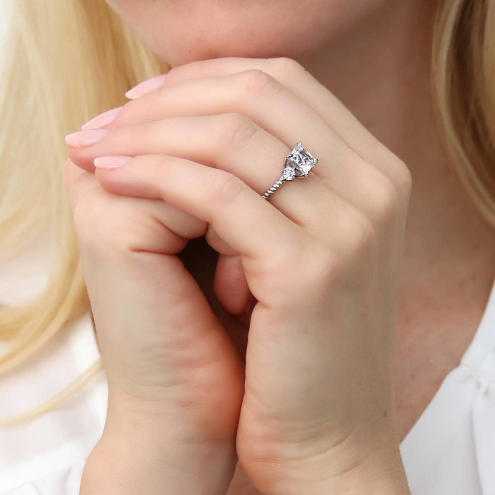 Model wearing 3-Stone Woven Princess CZ Ring Set in Sterling Silver, 11 of 16