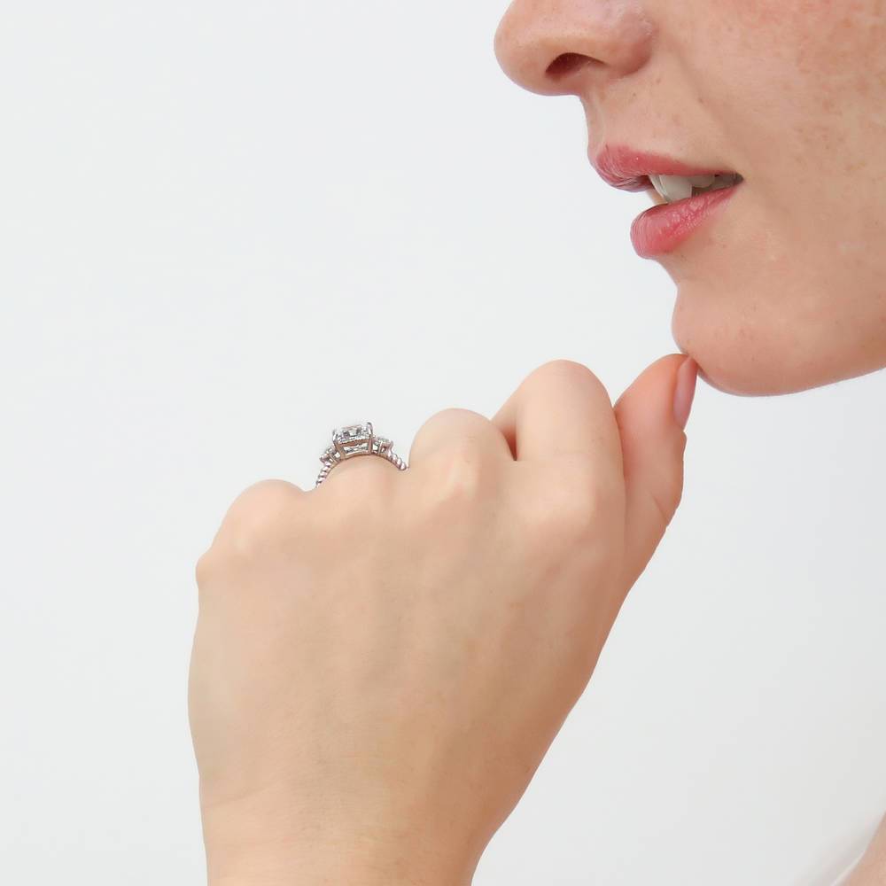 Model wearing 3-Stone Woven Princess CZ Ring Set in Sterling Silver, 10 of 16