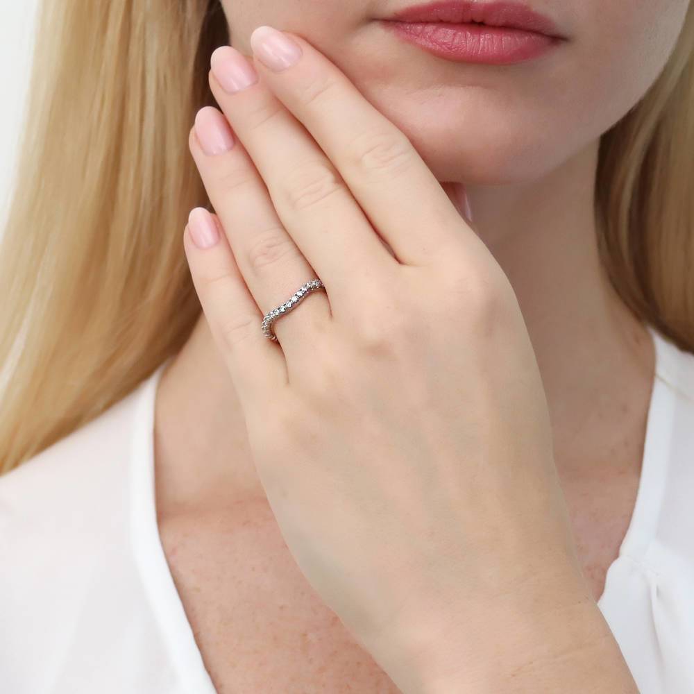 Model wearing Woven Wishbone CZ Curved Half Eternity Ring in Sterling Silver, 2 of 8