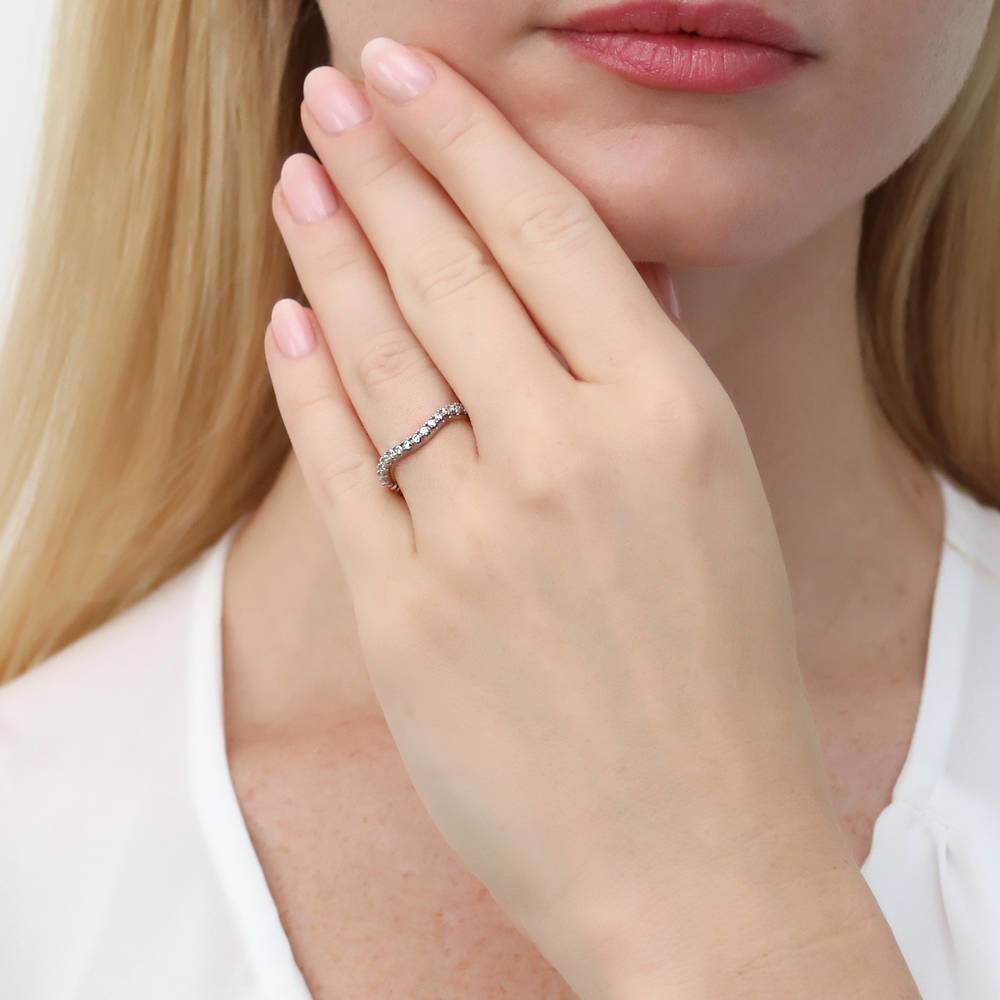 Model wearing 3-Stone Woven Princess CZ Ring Set in Sterling Silver, 13 of 16