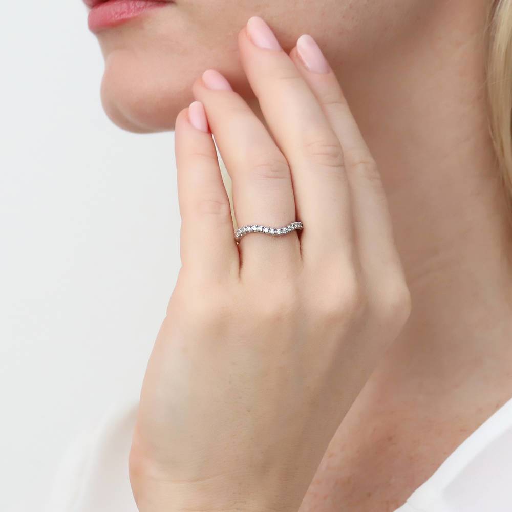 Model wearing Woven Wishbone CZ Curved Half Eternity Ring in Sterling Silver, 7 of 8