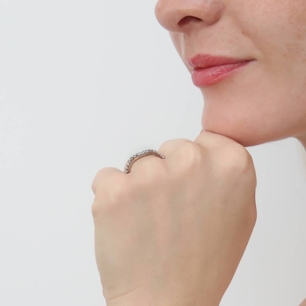 Model wearing Woven Wishbone Chevron CZ Eternity Ring in Sterling Silver, 3 of 8