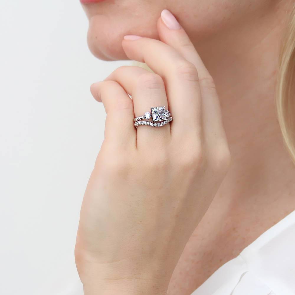 Model wearing 3-Stone Woven Princess CZ Ring Set in Sterling Silver, 7 of 16