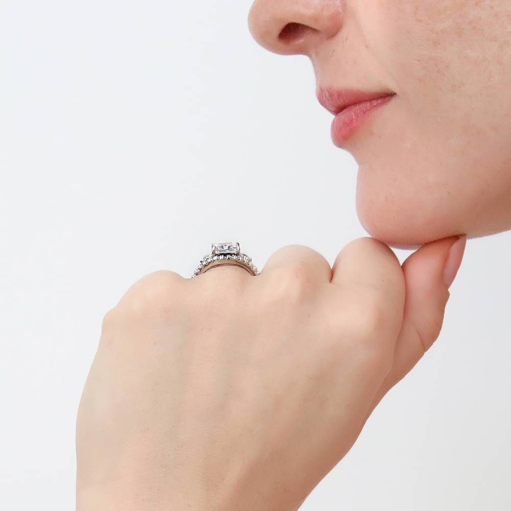 Model wearing 3-Stone Woven Princess CZ Ring Set in Sterling Silver, 3 of 16