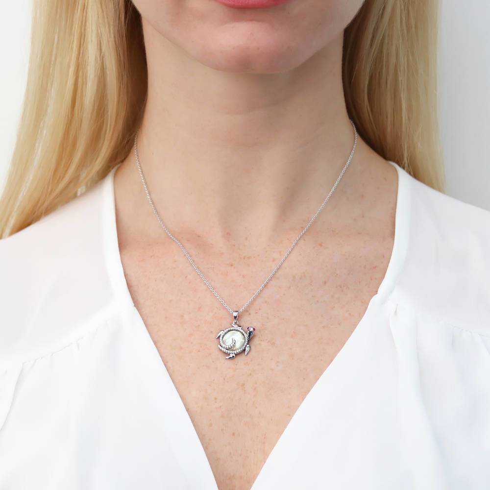 Turtle Mother Of Pearl Pendant Necklace in Sterling Silver