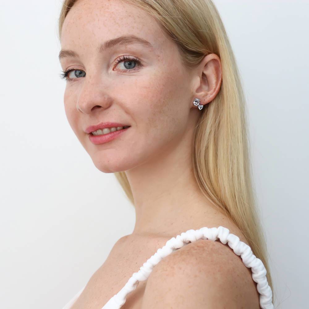 Model wearing 2-Stone CZ Stud Earrings in Sterling Silver, 3 of 3