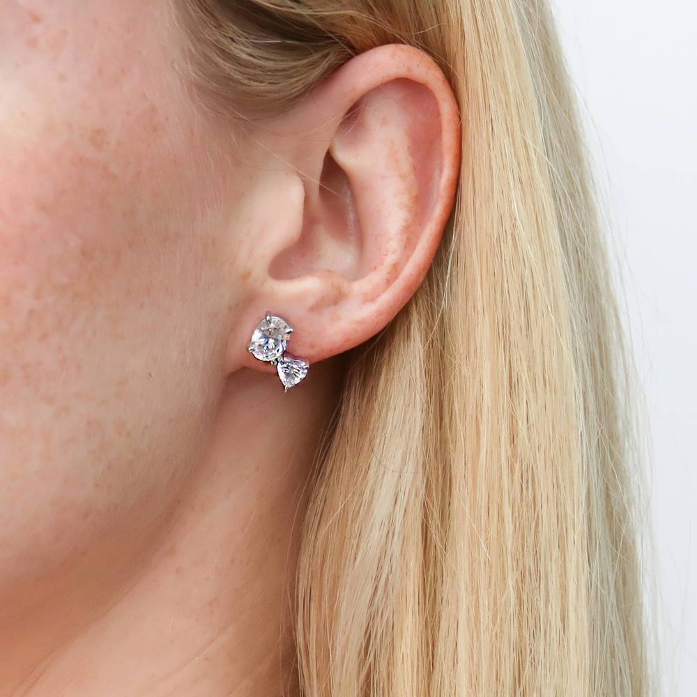 Model wearing 2-Stone CZ Stud Earrings in Sterling Silver, 2 of 3
