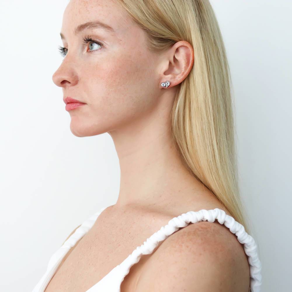 Model wearing 2-Stone CZ Stud Earrings in Sterling Silver, 3 of 3