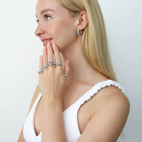 Image Contain: Model Wearing 5-Stone Band, 5-Stone Hoop Earrings, 5-Stone Ring, Solitaire with Side Stones Ring