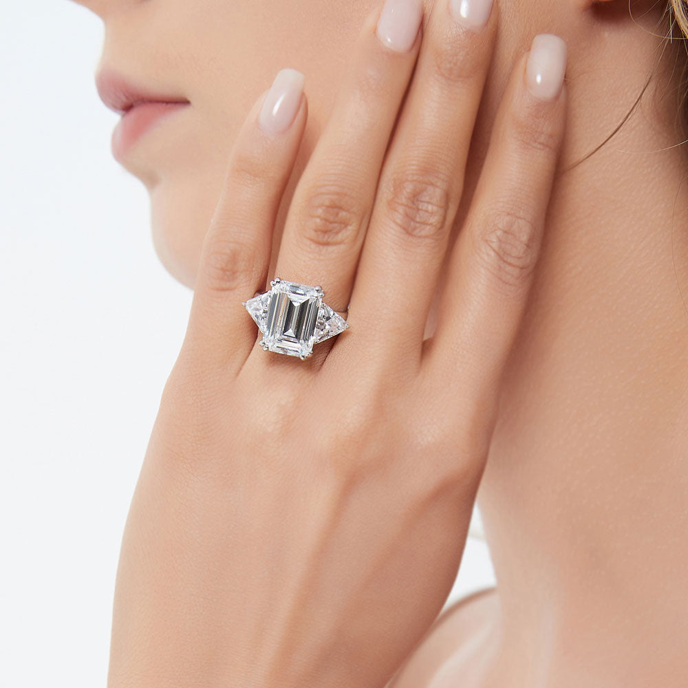 3-Stone Emerald Cut CZ Statement Ring in Sterling Silver