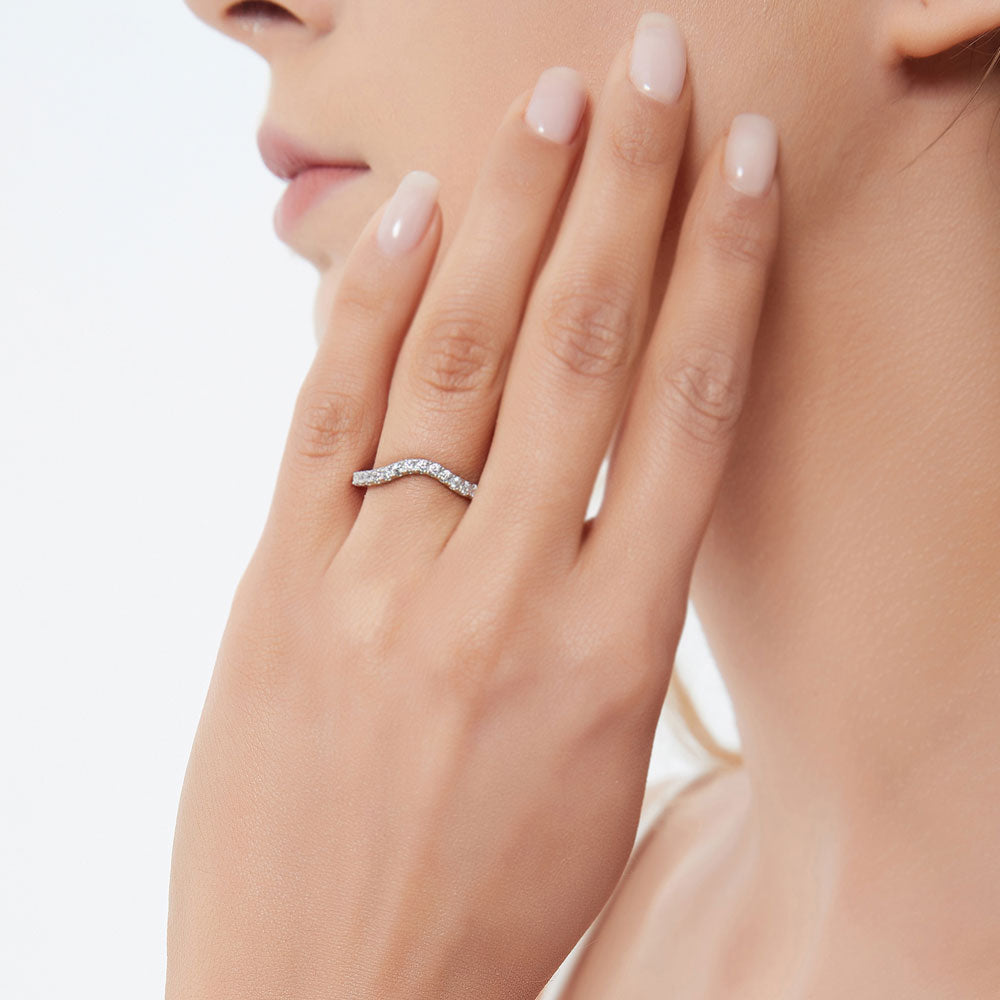 Model wearing Woven Wishbone Pave Set CZ Curved Half Eternity Ring in Sterling Silver, 3 of 8