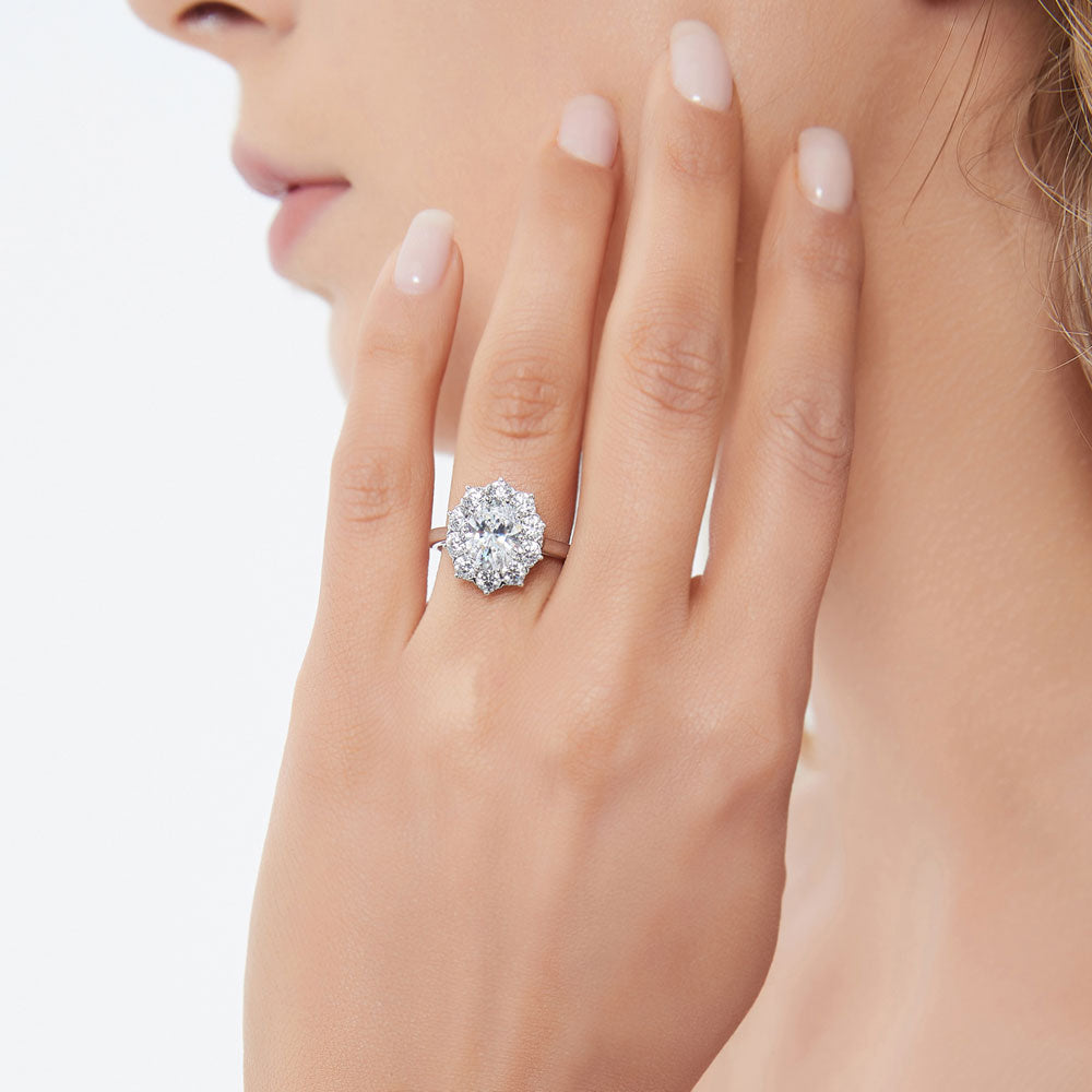 Model wearing Flower Halo CZ Ring in Sterling Silver, 3 of 8