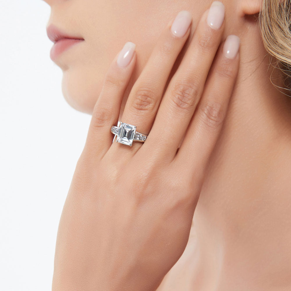 Solitaire 3.8ct Emerald Cut CZ Ring Set in Sterling Silver