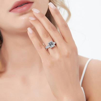 Solitaire 3.8ct Emerald Cut CZ Ring Set in Sterling Silver