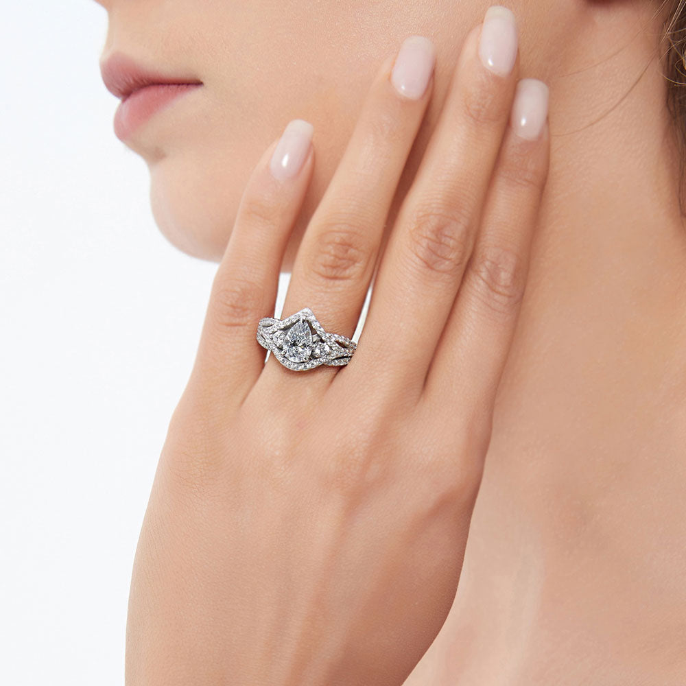 Model wearing 3-Stone Woven Pear CZ Ring Set in Sterling Silver, 10 of 15