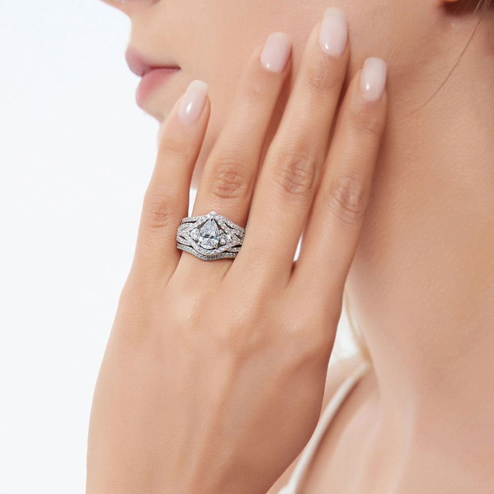 Model wearing 3-Stone Woven Pear CZ Ring Set in Sterling Silver, 5 of 15