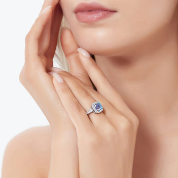Halo Kaleidoscope Purple Aqua Cushion CZ Ring in Sterling Silver