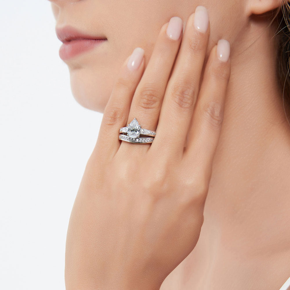 Model wearing 3-Stone Pear CZ Ring Set in Sterling Silver, 3 of 16