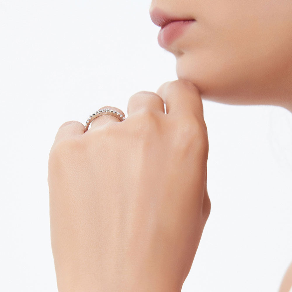 Model wearing Halo Oval CZ Ring Set in Sterling Silver, 14 of 14