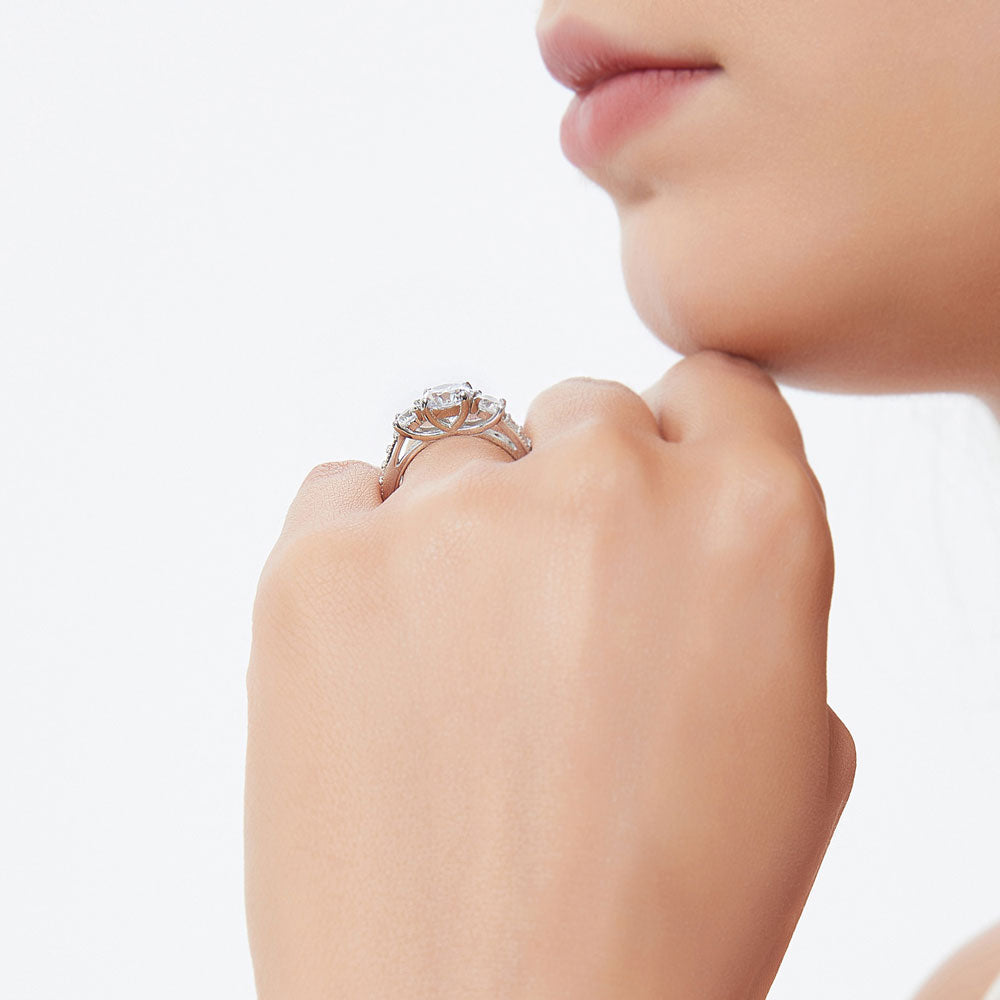 Model wearing 3-Stone 1.25ct CZ Ring Set in Sterling Silver, 12 of 13