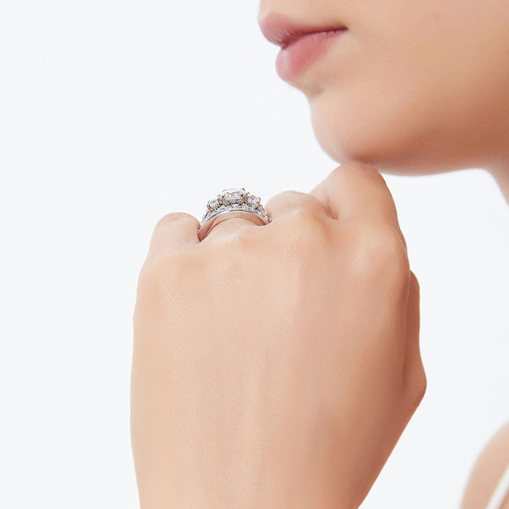 Model wearing 3-Stone 1.25ct CZ Ring Set in Sterling Silver, 7 of 13