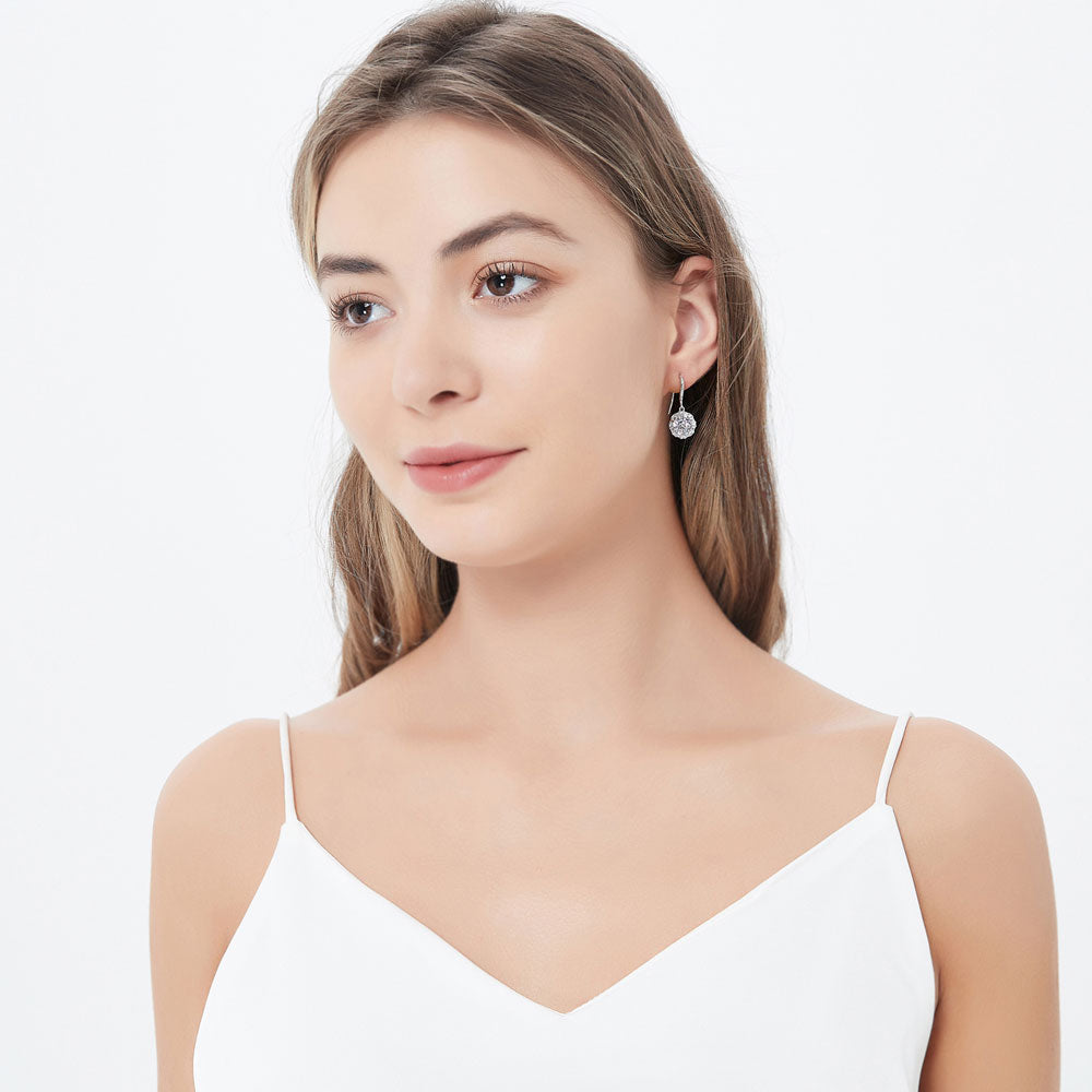 Model wearing Halo Art Deco CZ Fish Hook Earrings in Sterling Silver, 3 of 5