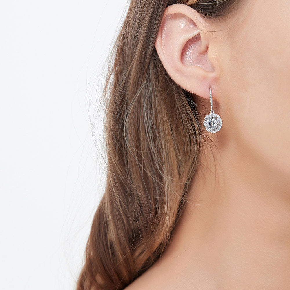 Model wearing Halo Art Deco CZ Fish Hook Earrings in Sterling Silver, 2 of 5