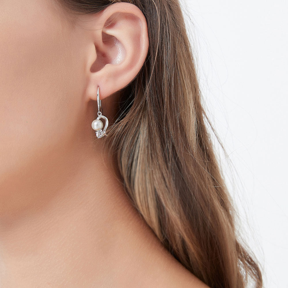 Ball Bead Imitation Pearl Fish Hook Earrings in Sterling Silver