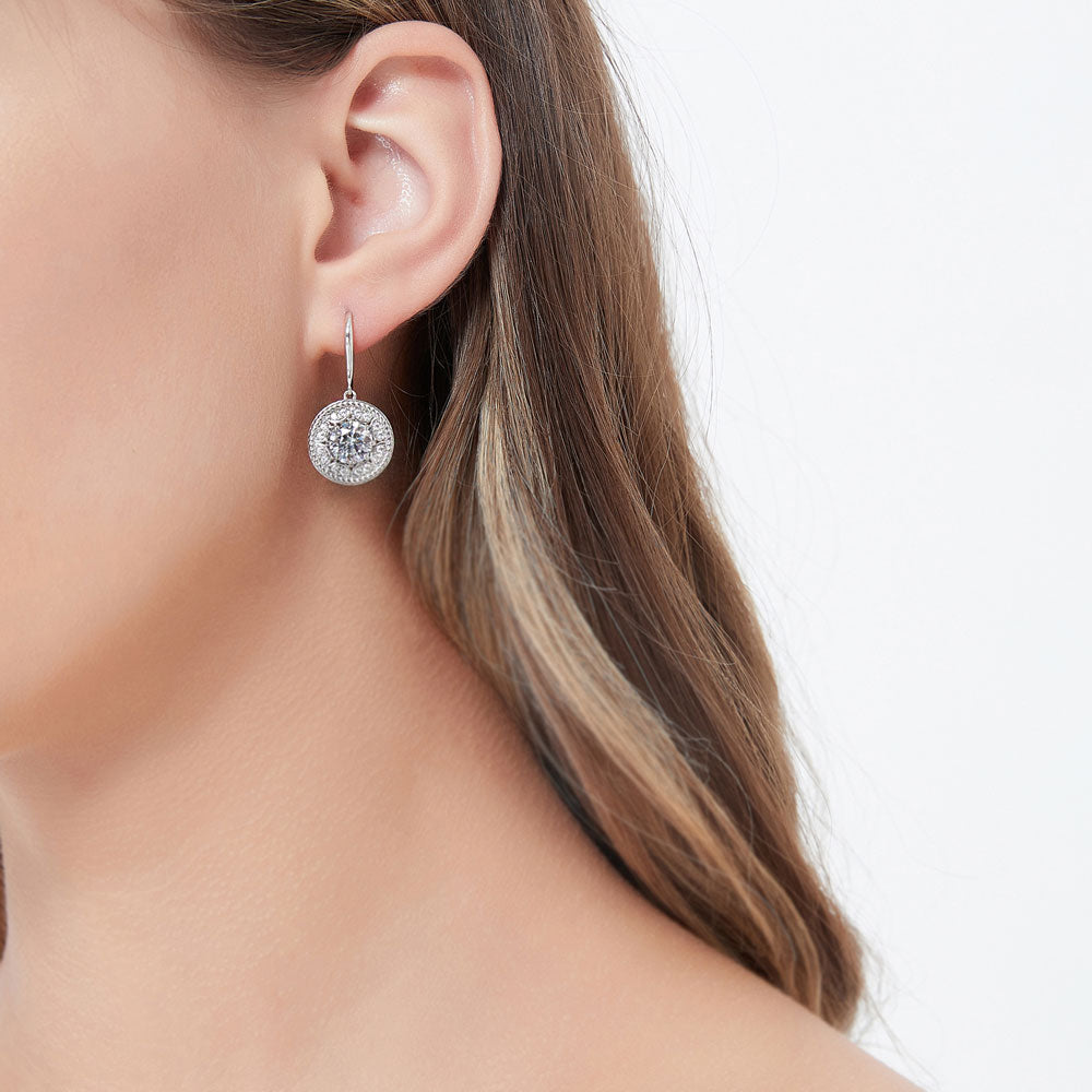Model wearing Cable Halo Art Deco CZ Set in Sterling Silver, 5 of 8