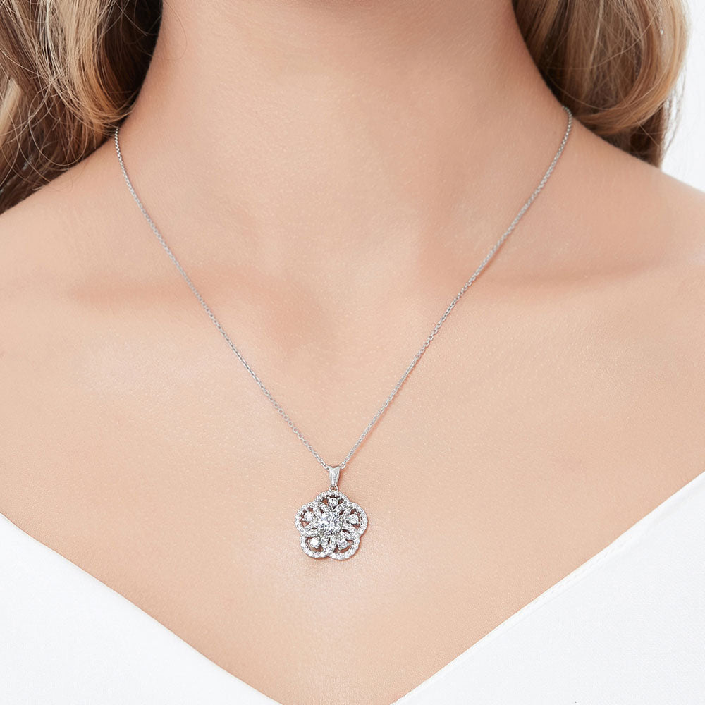 Model wearing Flower CZ Pendant Necklace in Sterling Silver, 2 of 6