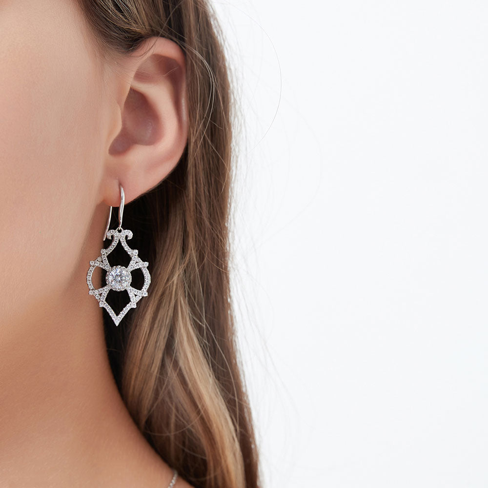 Model wearing Woven CZ Fish Hook Chandelier Earrings in Sterling Silver, 2 of 3