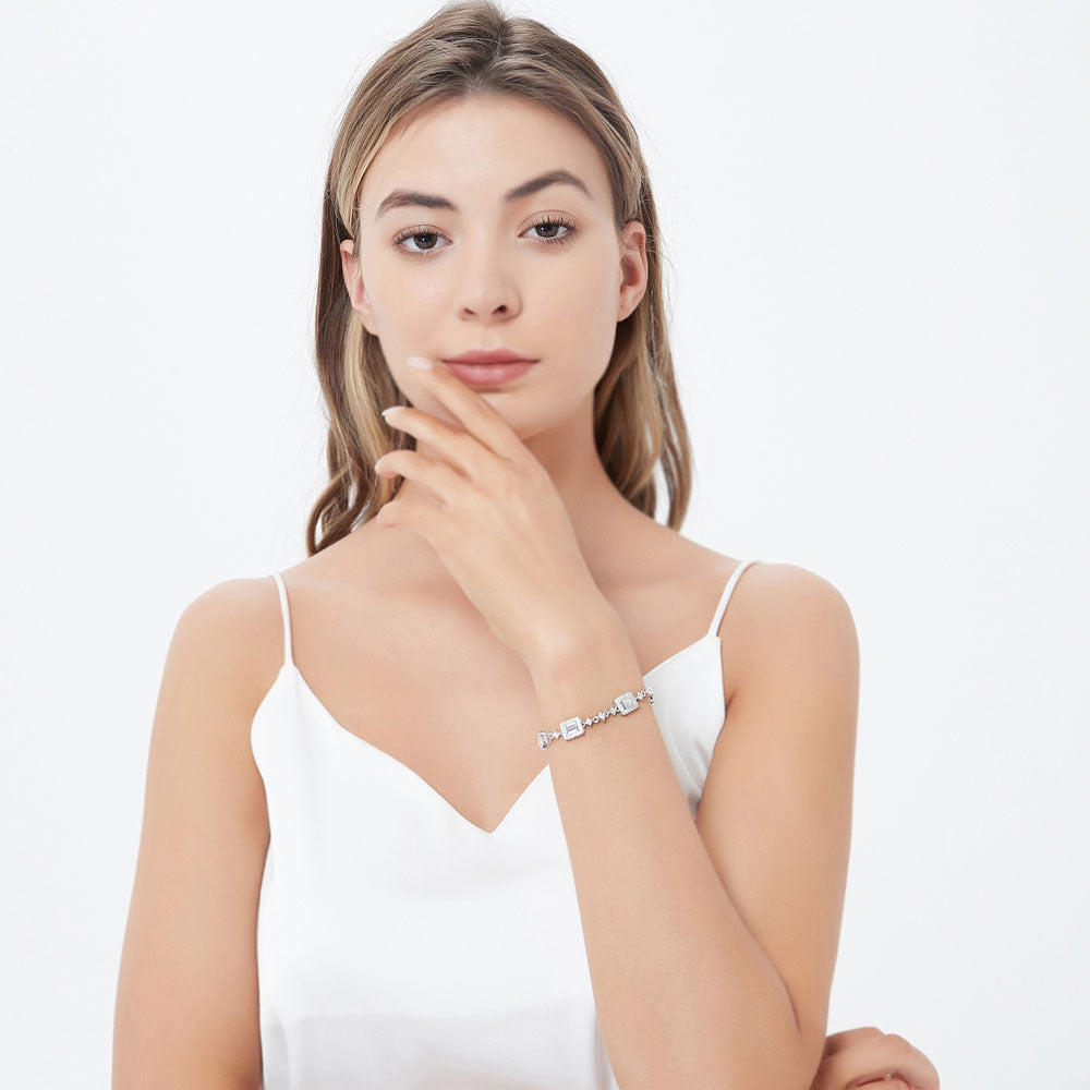 Model wearing Art Deco CZ Chain Bracelet in Sterling Silver, 2 of 4