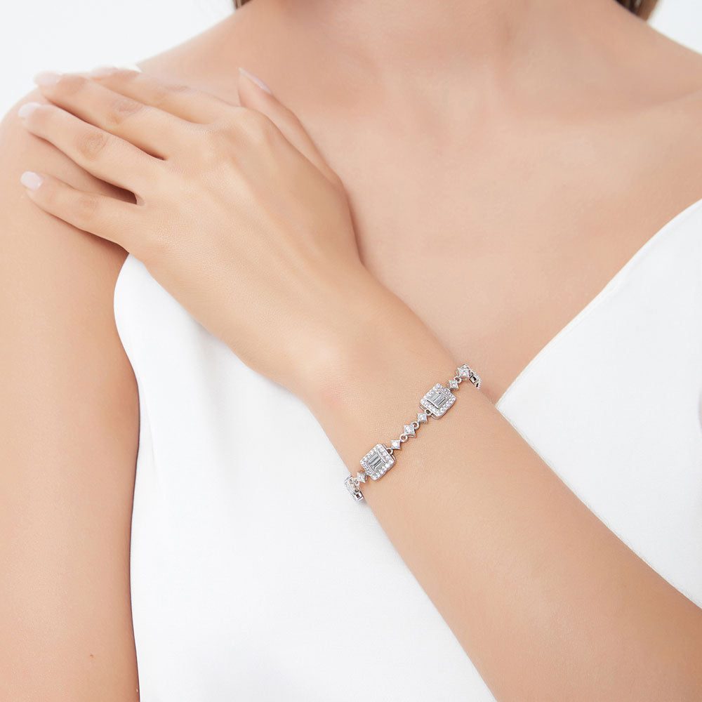 Model wearing Art Deco CZ Chain Bracelet in Sterling Silver, 4 of 4