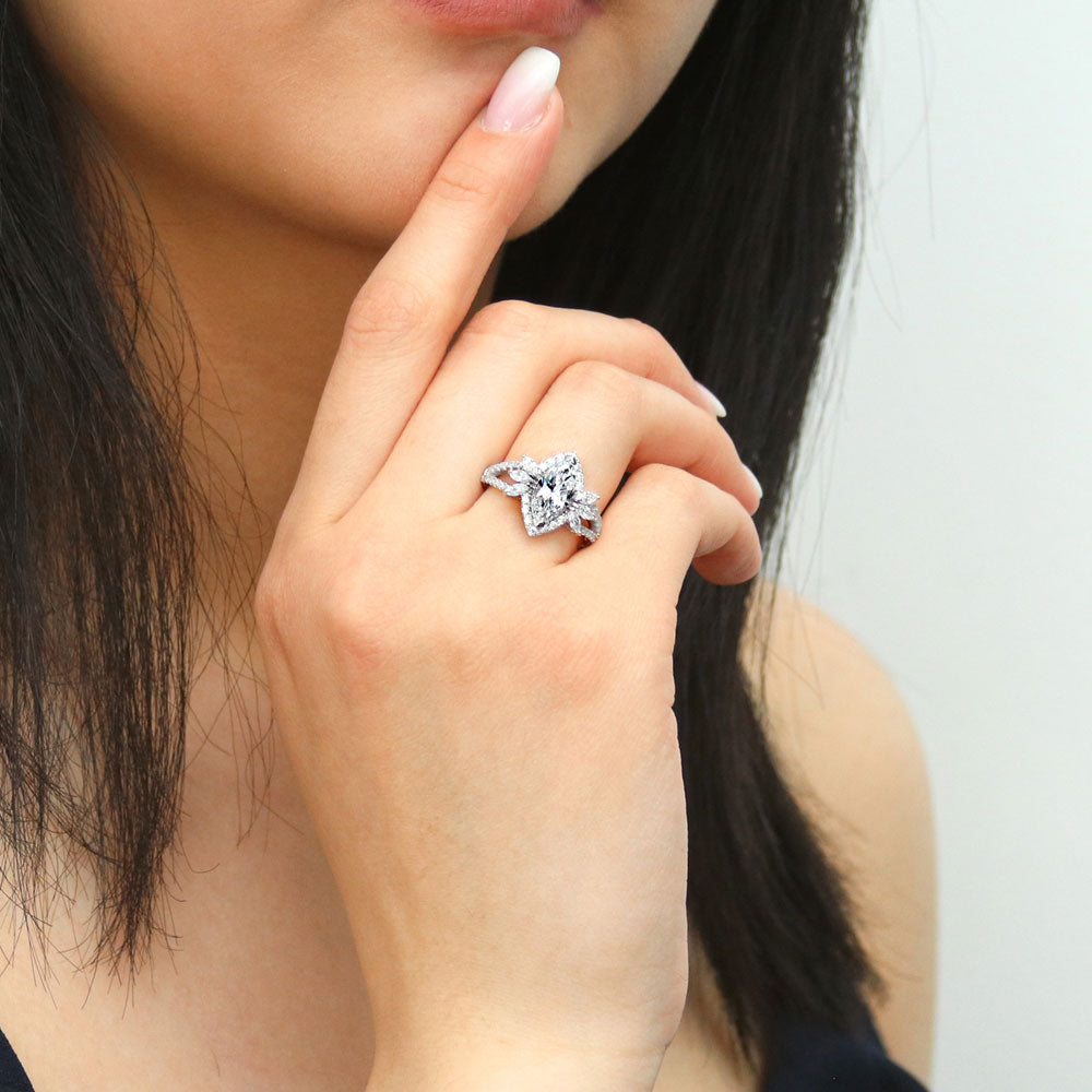 Model wearing Halo Flower Marquise CZ Split Shank Ring in Sterling Silver, 6 of 12