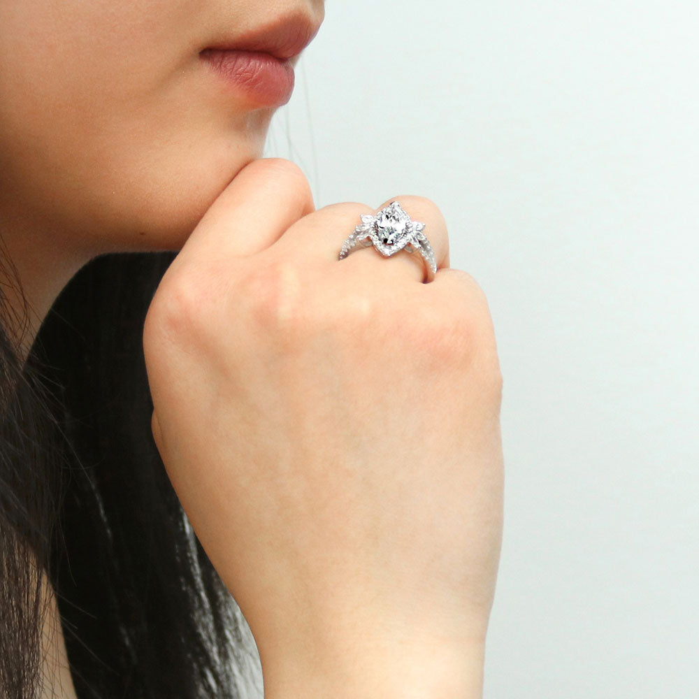 Model wearing Halo Flower Marquise CZ Split Shank Ring in Sterling Silver, 11 of 12