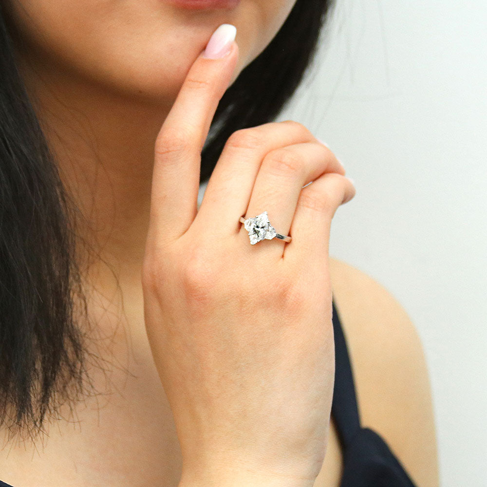 Model wearing 3-Stone 1.6ct Marquise CZ Ring in Sterling Silver, 2 of 8