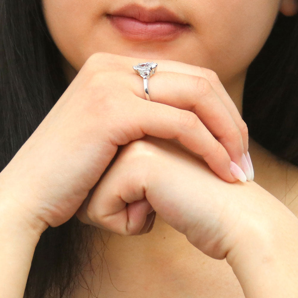 Model wearing 3-Stone 1.6ct Marquise CZ Ring in Sterling Silver, 7 of 8