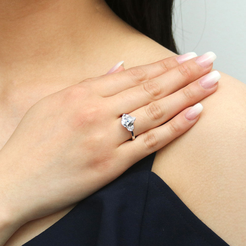 Model wearing 3-Stone 1.8ct Pear CZ Ring in Sterling Silver, 6 of 9