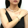 Model wearing Imitation Pearl Curb Chain Bracelet and Necklace, 2 Piece, Rose Gold Flashed