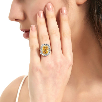 Halo Yellow Cushion CZ Ring in Sterling Silver