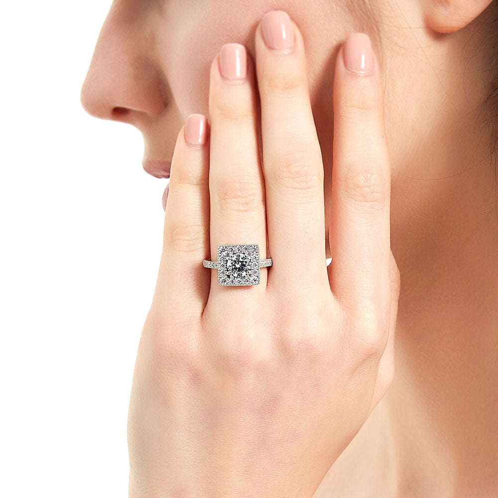 Model wearing Halo Round CZ Ring in Sterling Silver, 7 of 14