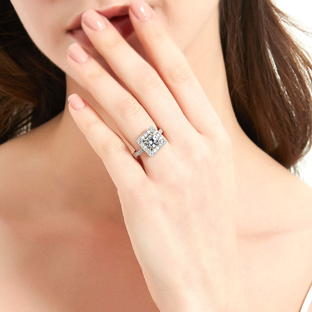 Model wearing Halo Round CZ Ring in Sterling Silver, 6 of 14