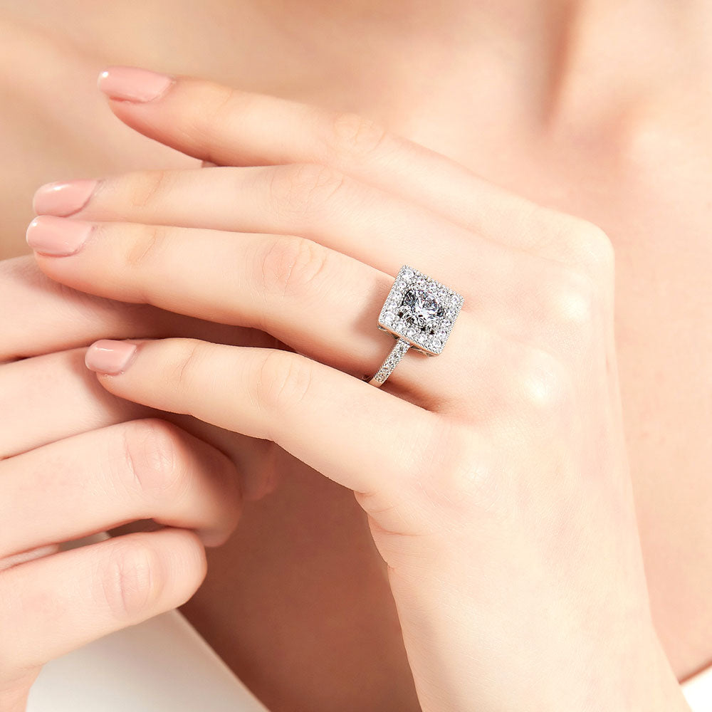 Model wearing Halo Round CZ Ring in Sterling Silver, 11 of 14
