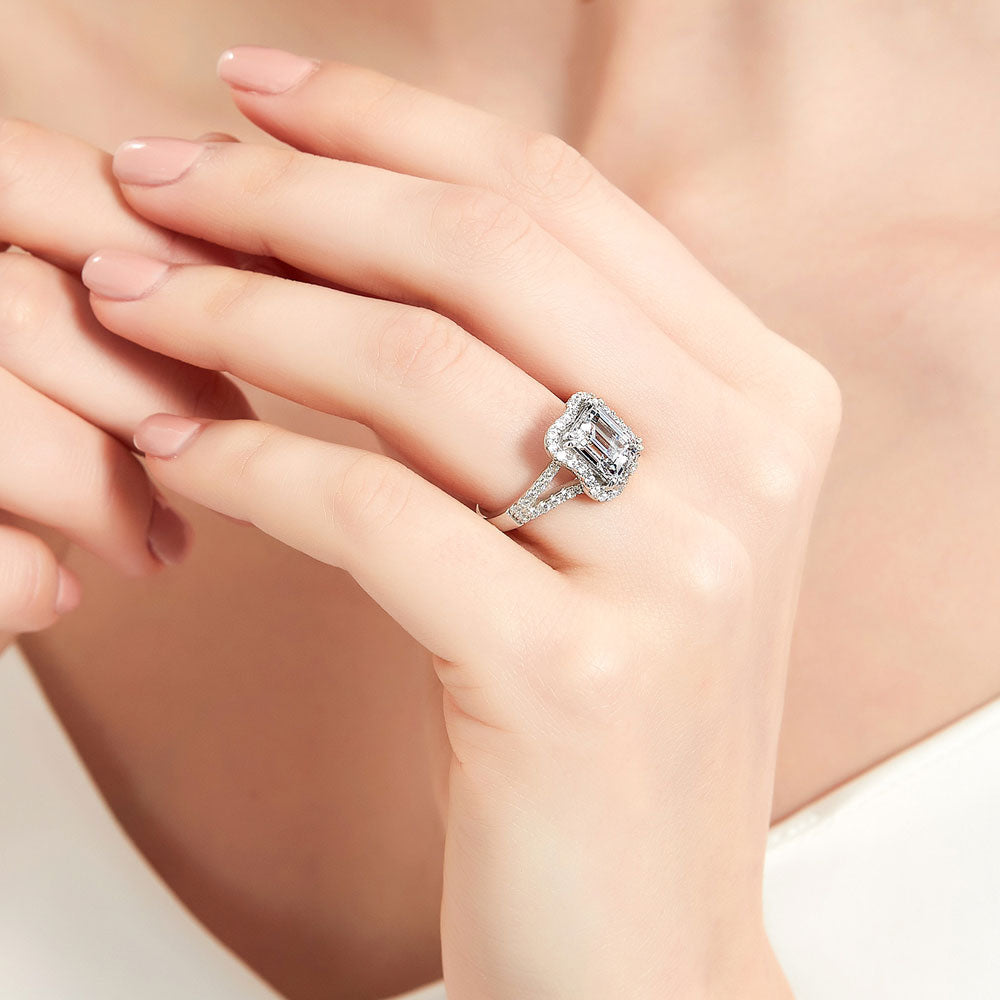 Model wearing Halo Woven Emerald Cut CZ Split Shank Ring in Sterling Silver, 3 of 9
