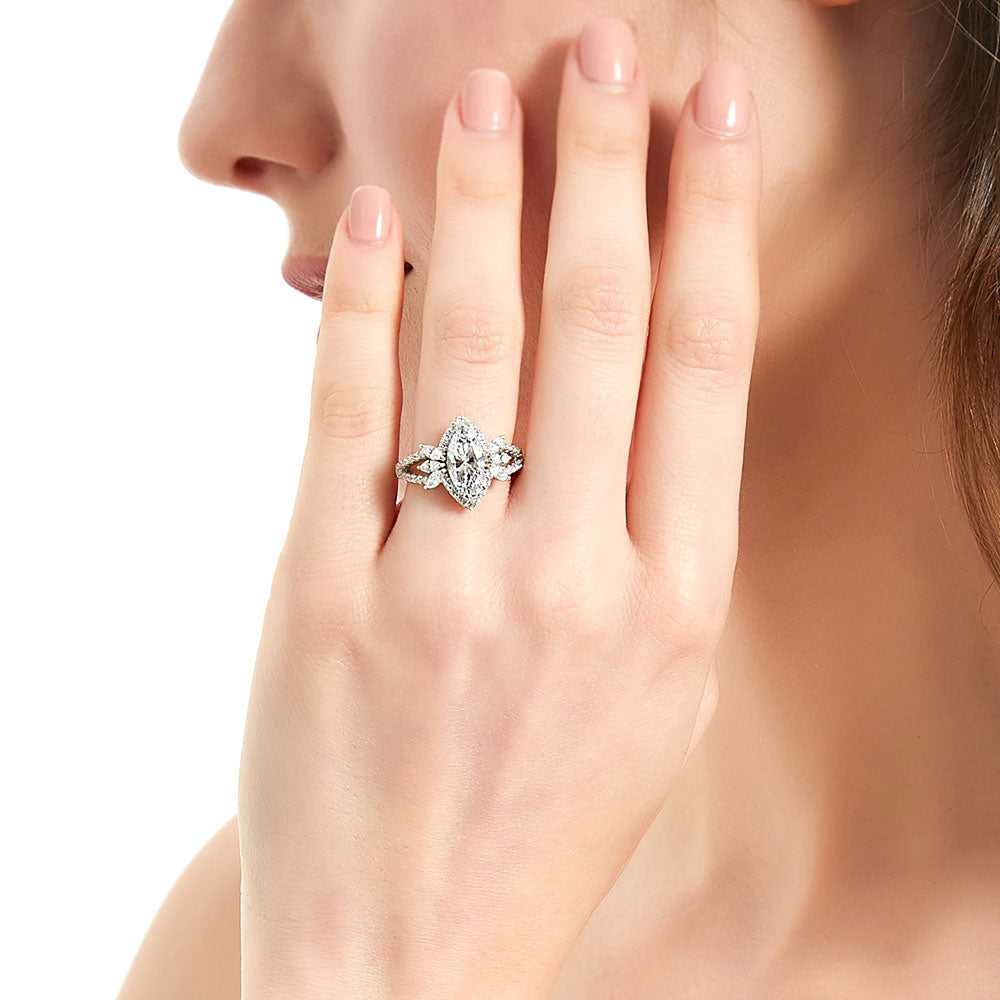 Model wearing Halo Flower Marquise CZ Split Shank Ring in Sterling Silver, 3 of 12