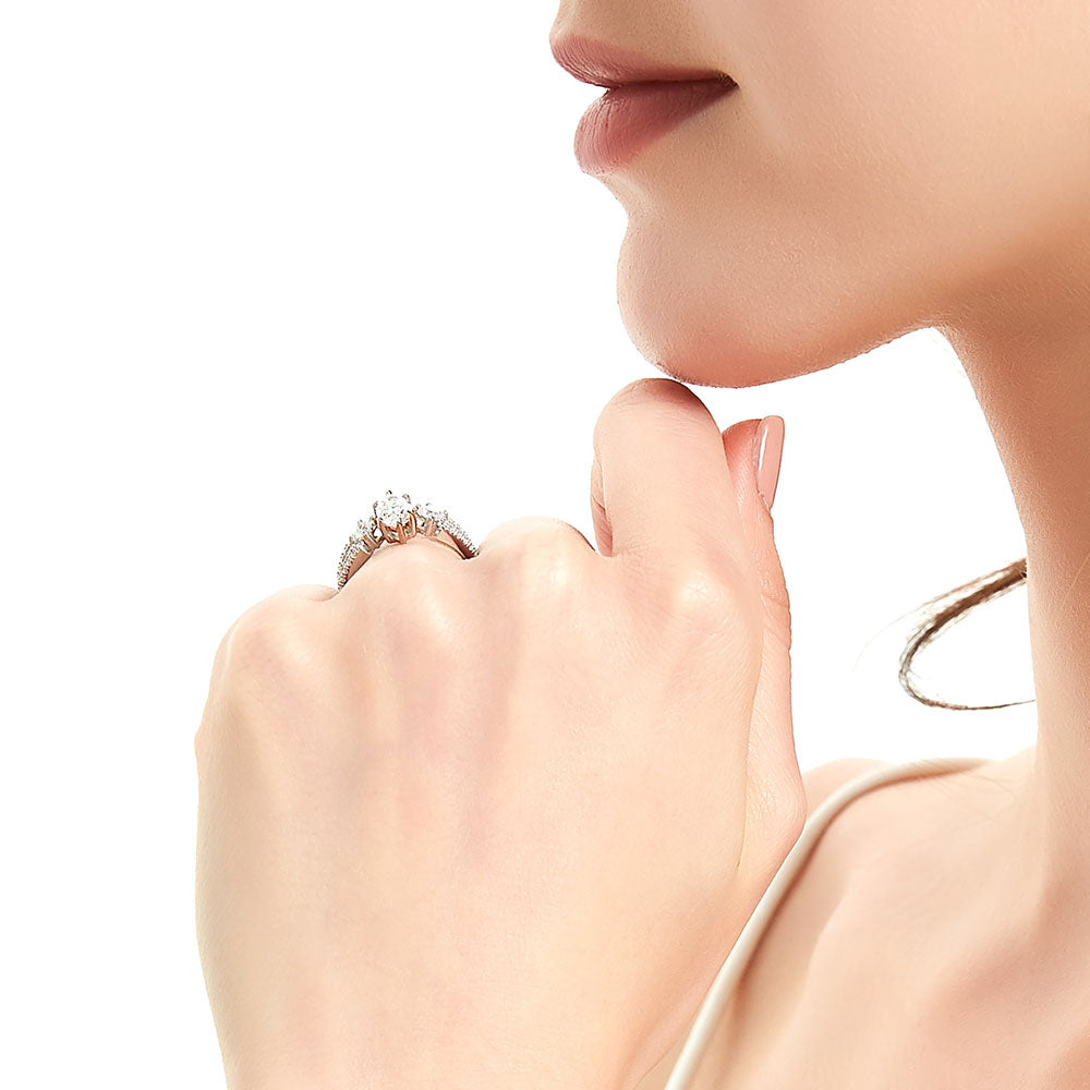 Model wearing 3-Stone 1ct Marquise CZ Split Shank Ring in Sterling Silver, 7 of 8