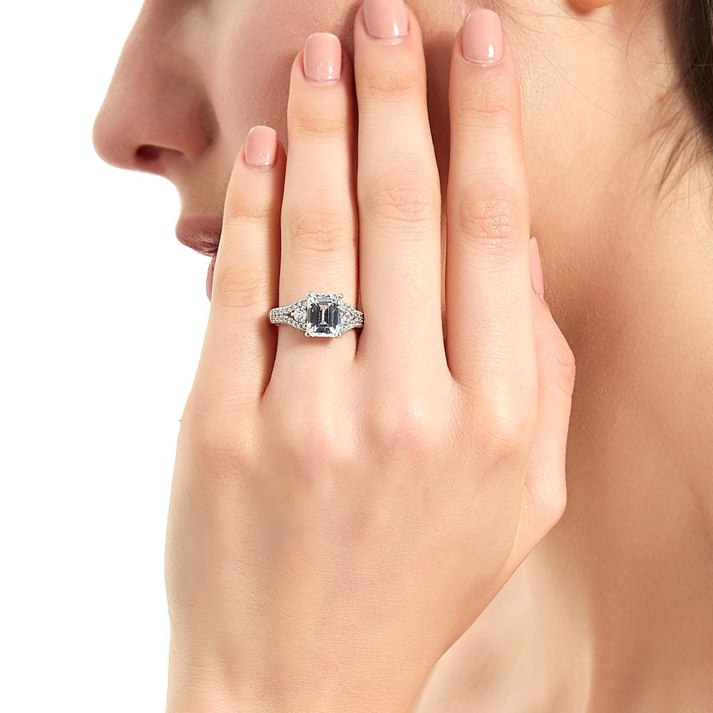 3-Stone 2.6ct Emerald Cut CZ Split Shank Ring in Sterling Silver