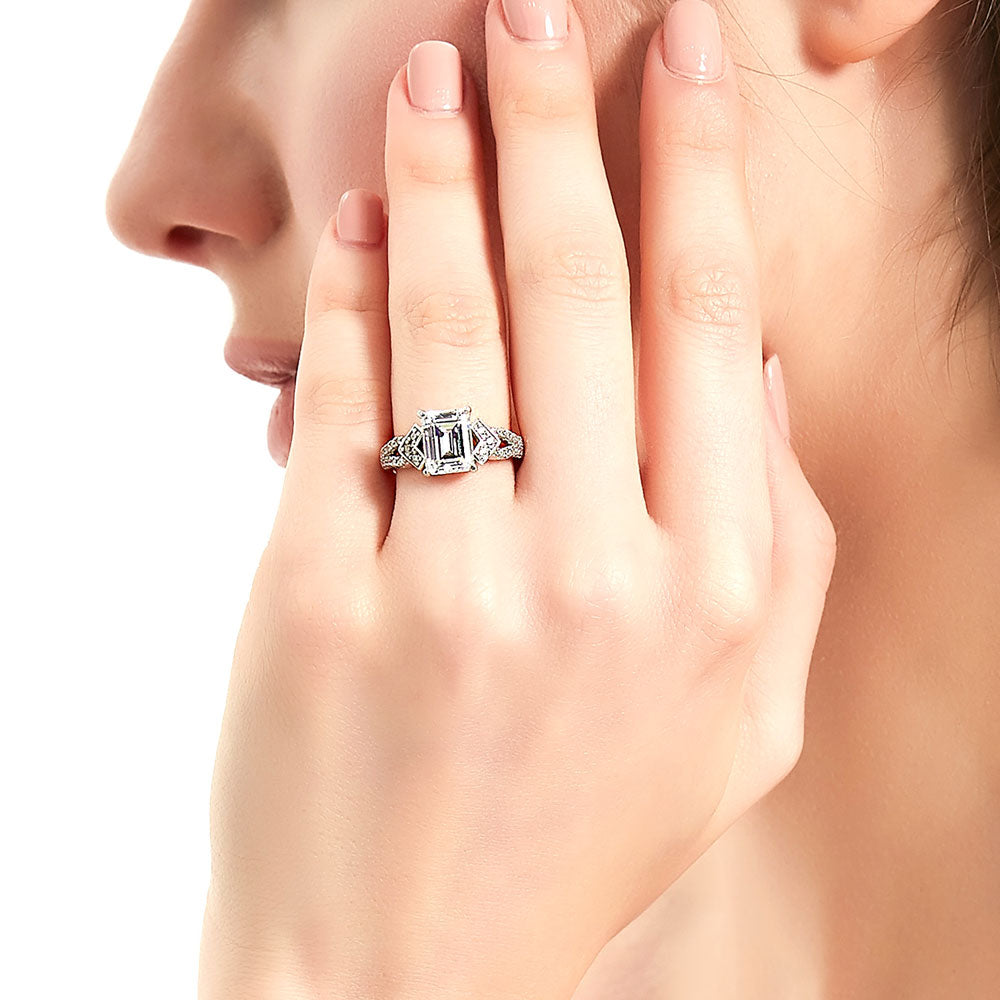 Model wearing Arrow CZ Split Shank Ring in Sterling Silver, 3 of 8