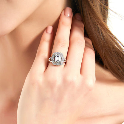 Halo Emerald Cut CZ Split Shank Ring in Sterling Silver