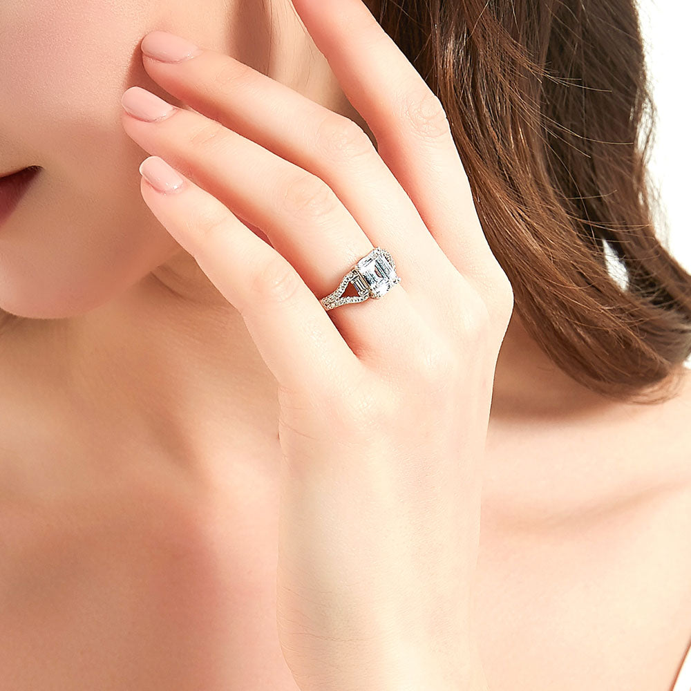 Solitaire Emerald Cut CZ Split Shank Ring in Sterling Silver